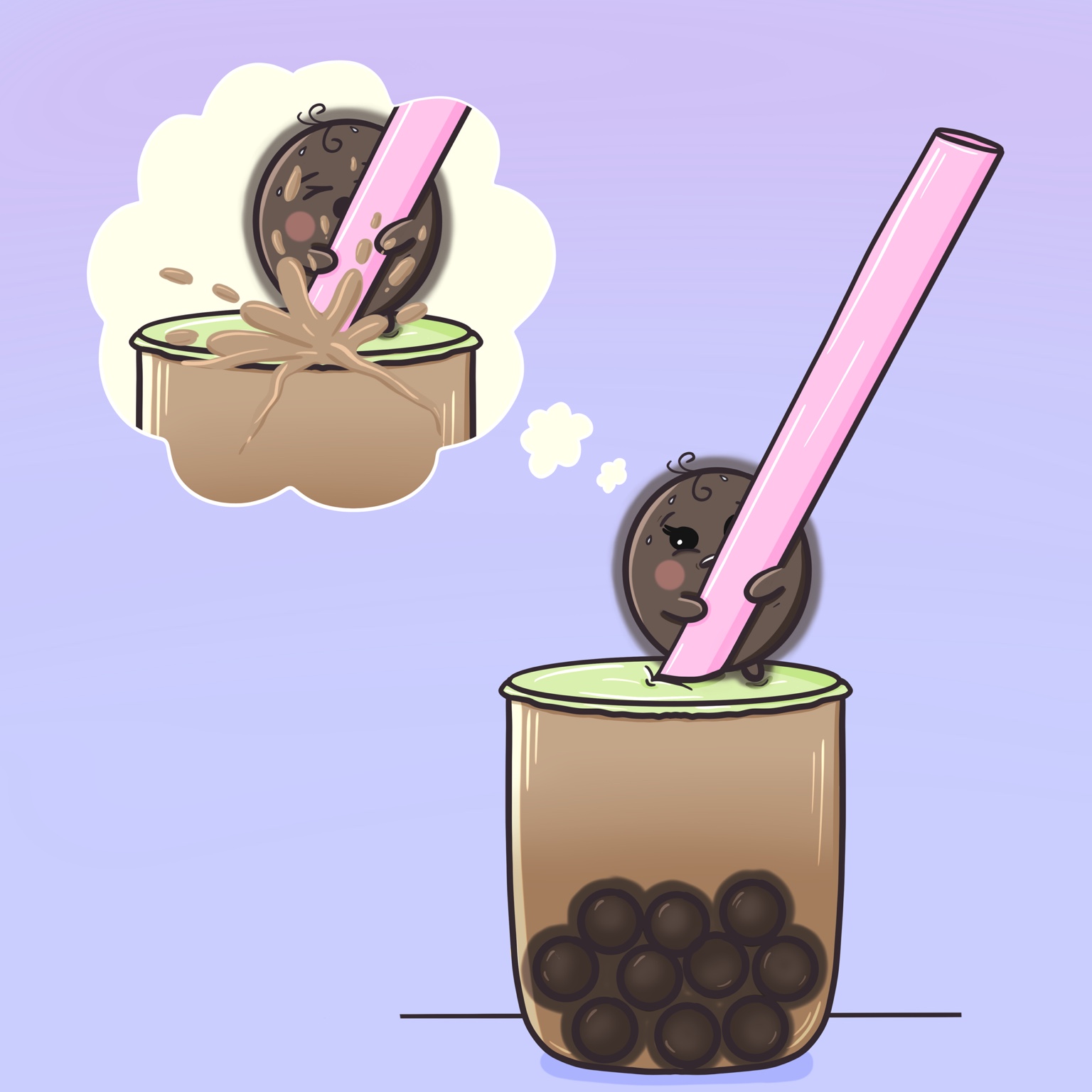 An illustrated boba pearl climbing a straw in a cup of bubble tea.