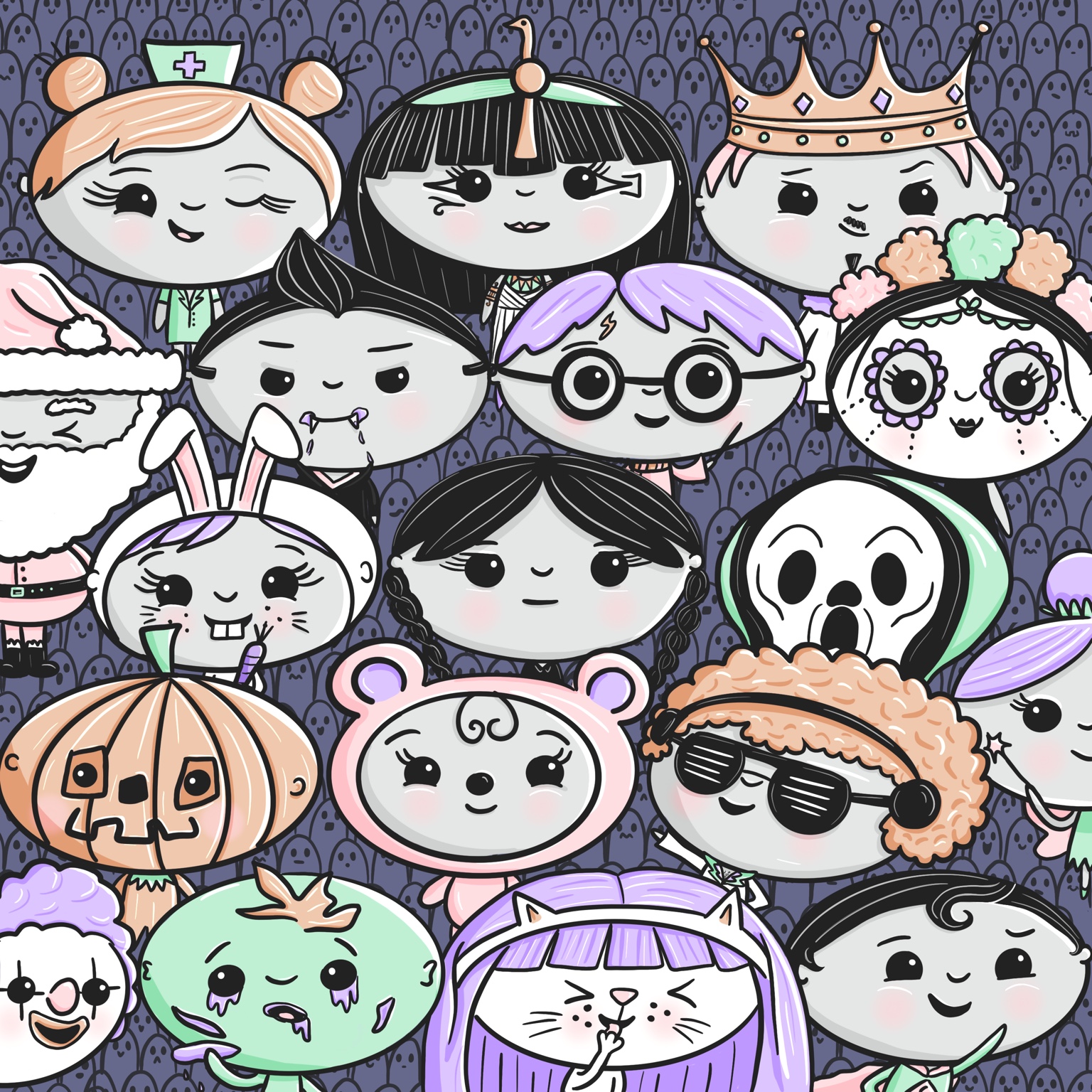 A group portrait of illustrated Halloween characters.