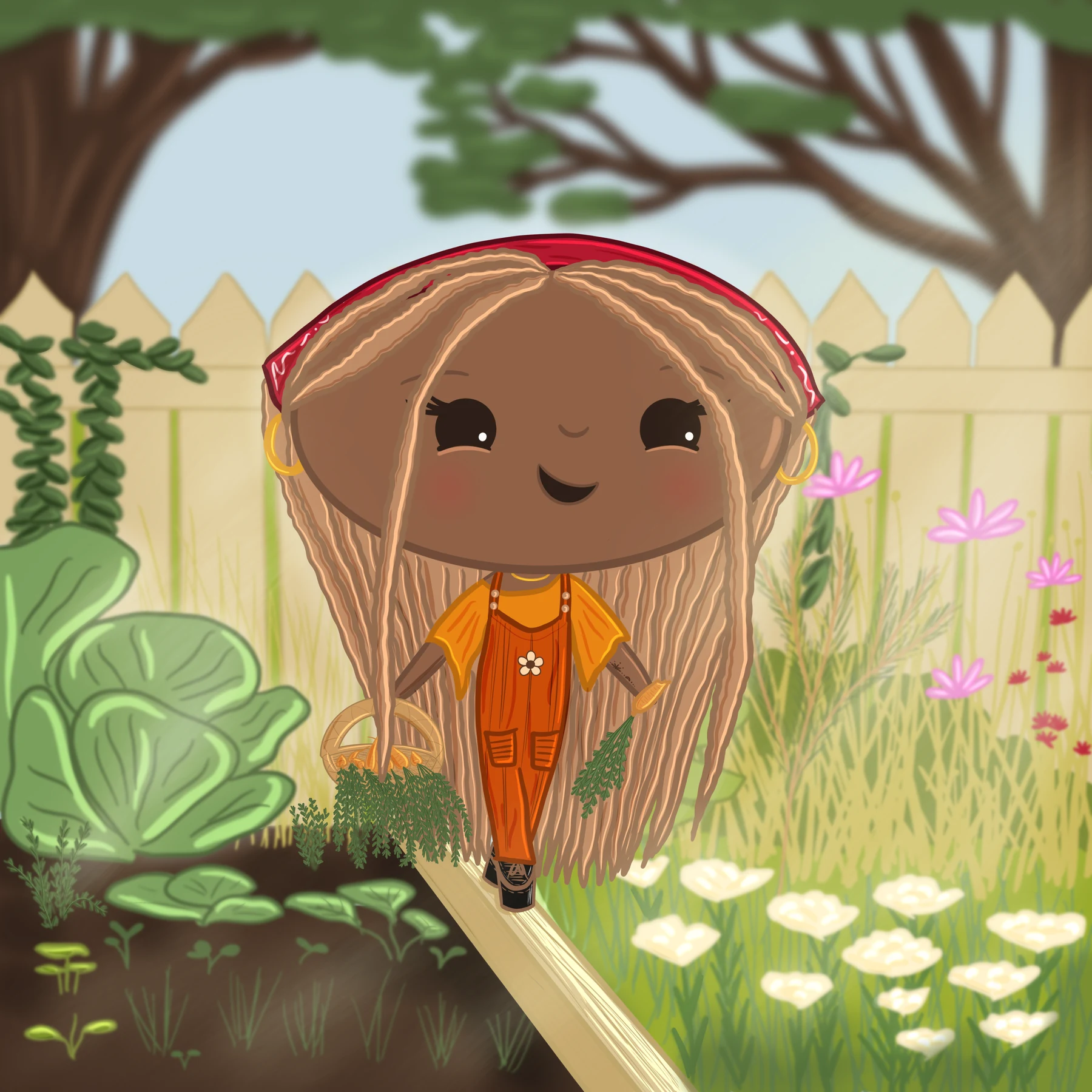 An illustrated child with long textured hair and an orange outfit walking through a garden.