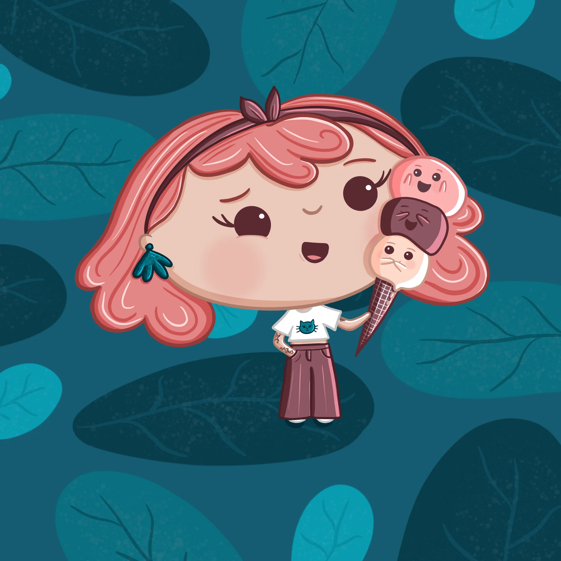 A cheerful pink-haired ice-cream seller carrying three smiling scoops.